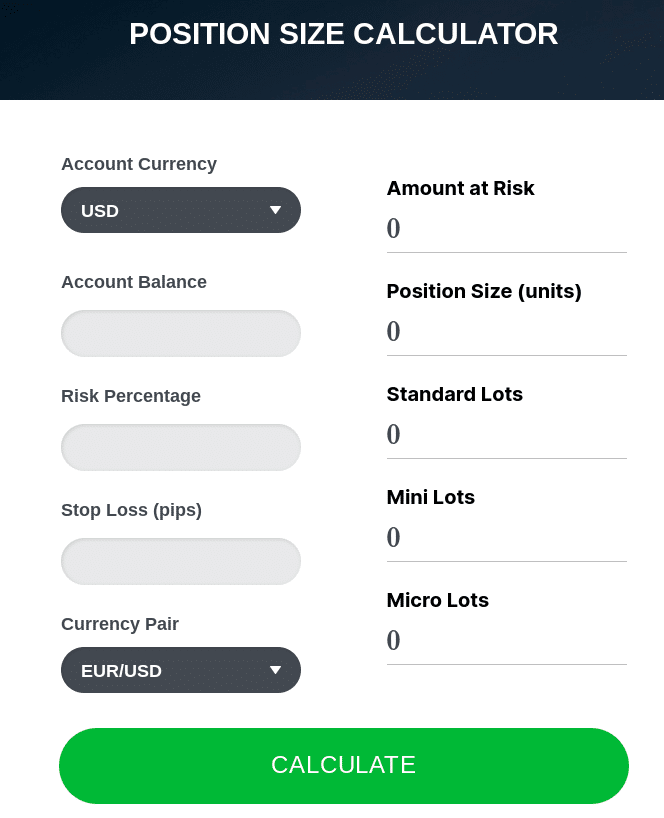 Position Size Calculator - using a USD trading account