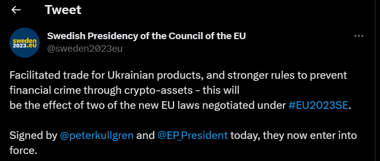 Screenshot of tweet from Swedish Presidency of the Council of the EU