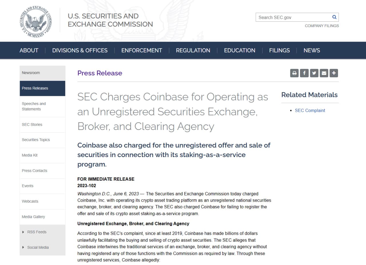 A screenshot of the SEC's case against Coinbase