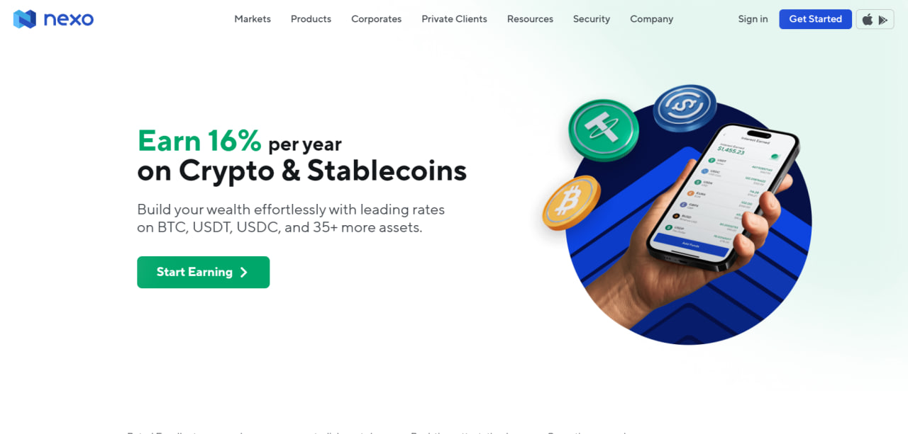 Nexo webpage: a stablecoins lending platform