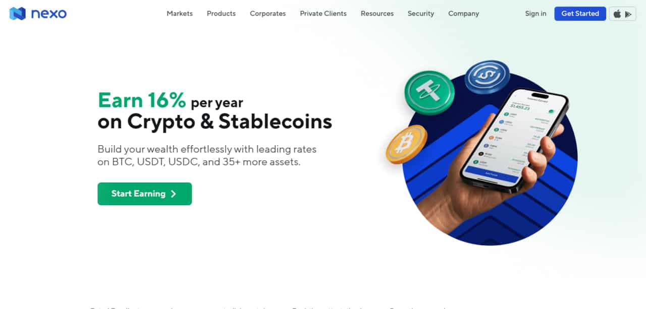 Halaman web Nexo: platform peminjaman stablecoin