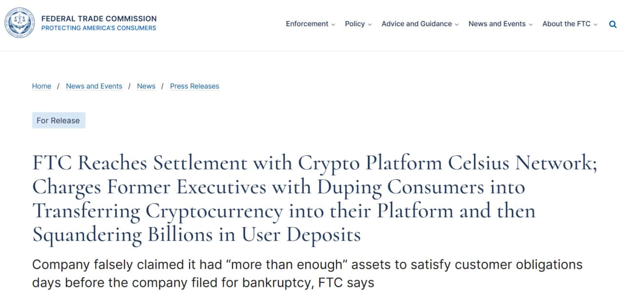 FTC press release talking about Celsius settlement