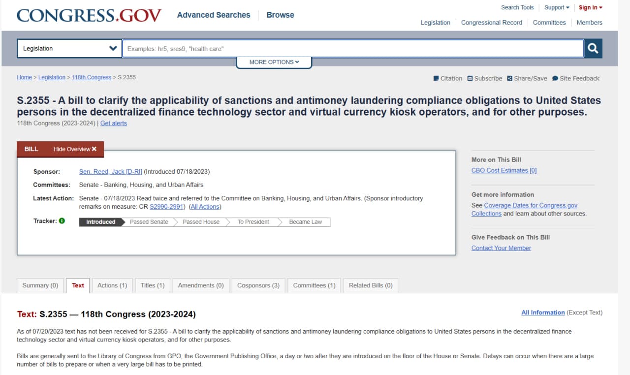 Screenshot of the bill aiming to regulate Decentralized Finance