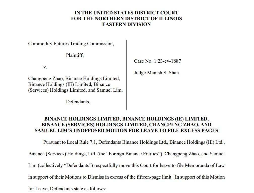 Screenshot of court document showing the Binance filing