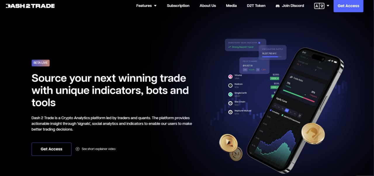 Screenshot of the Dash2Trade webpage