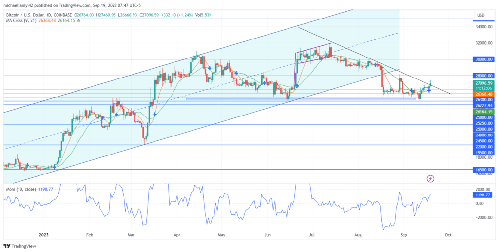 Bitcoin (BTCUSD) Breaks Trendline, Indicating a Price Surge
