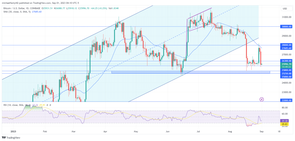 Bitcoin (BTCUSD) Encounters Firm Resistance at $28,000