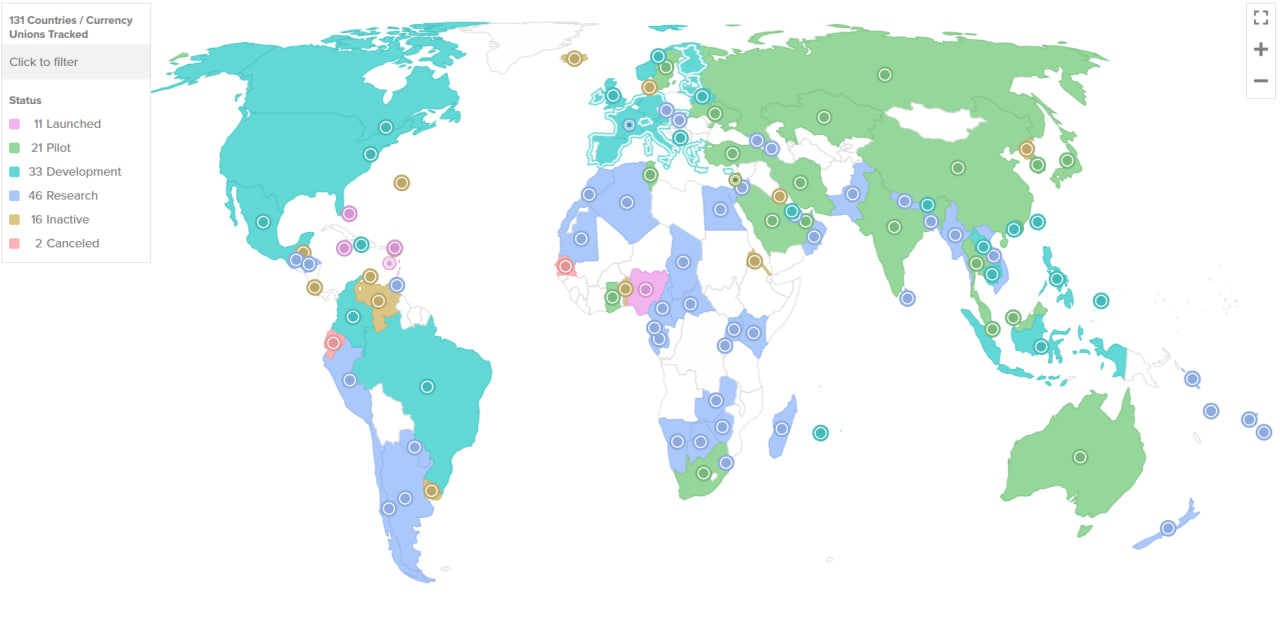 Gráfico del mapa mundial de CBDC
