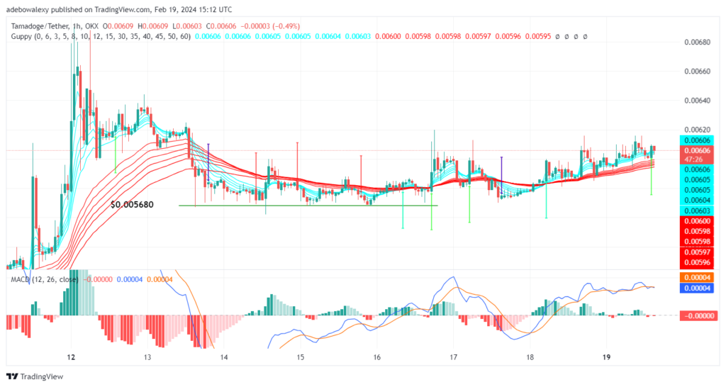 Tamadoge Bulls Fight Back Against Downward Pressure
While trading activities in the TAMAUSDT 4-hour market remain above the green and red sets of the Guppy Multiple Moving Average (GMMA) lines