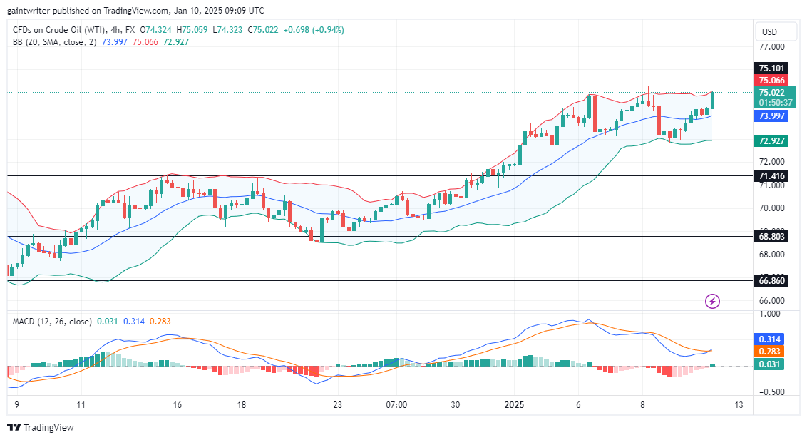 USOil Bulls Aim For Breakout Beyond $75.000 Resistance Zone