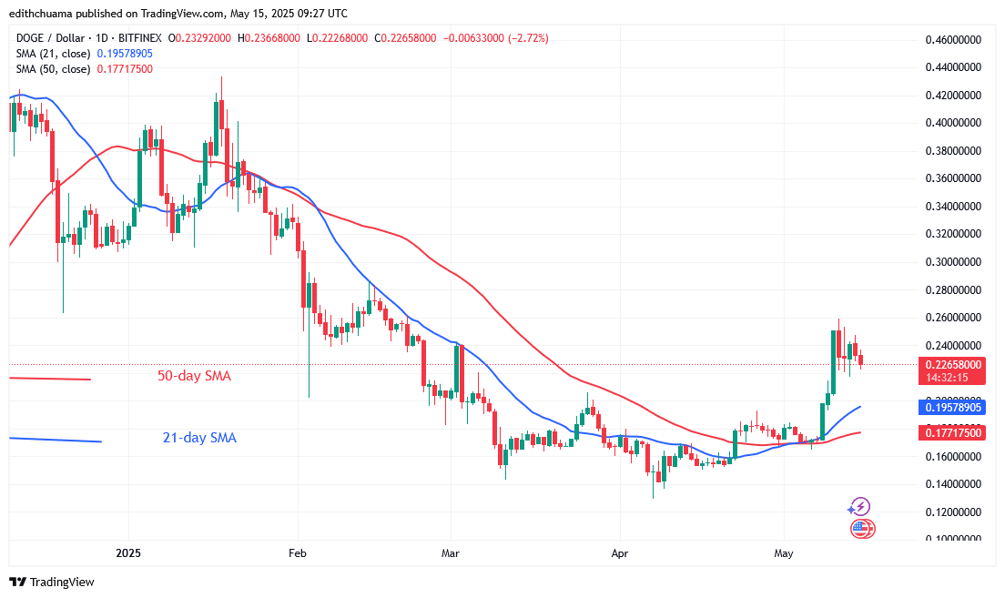 DOGE Retreats Above $0.22 as It Continues Its Bullish Advance