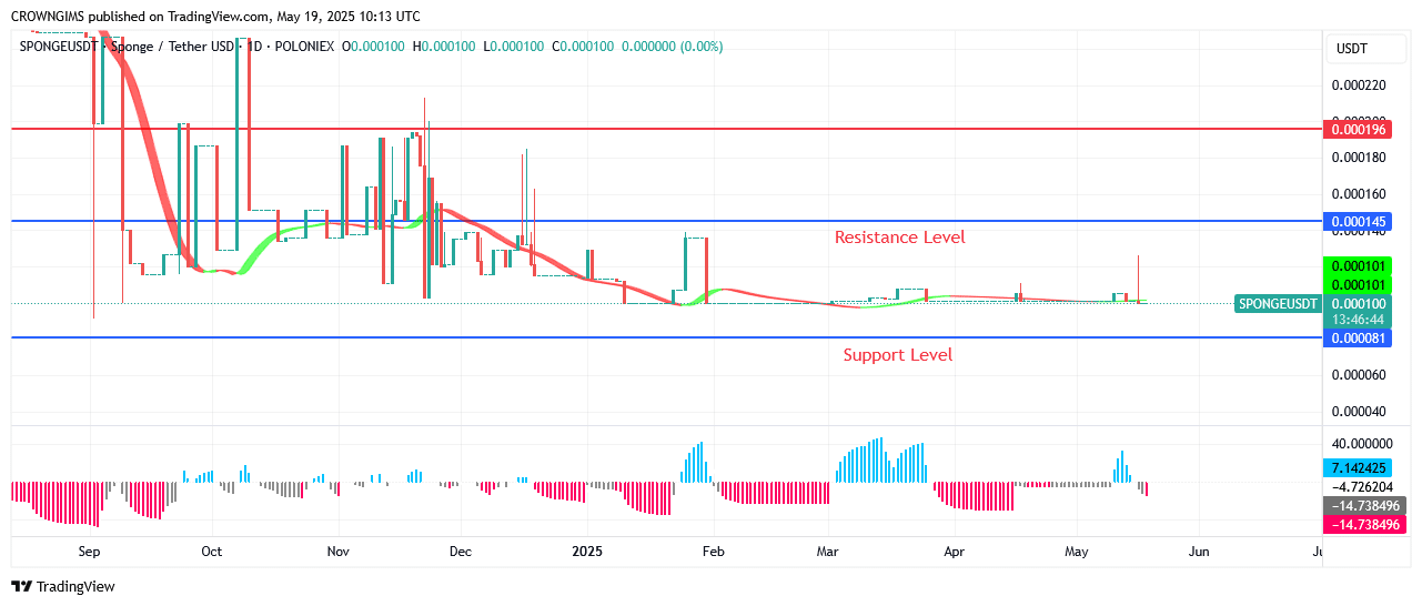 Sponge (SPONGEUSDT): Bullish Momentum May Break Up $0.000145 Level