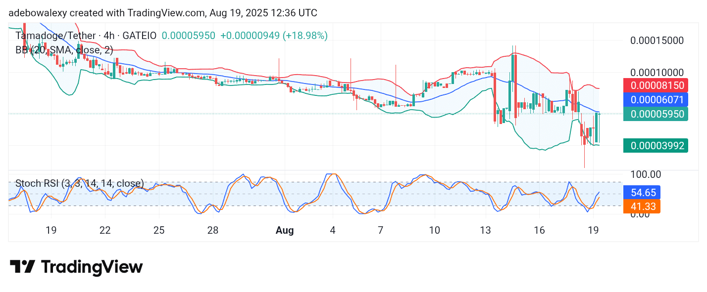 Tamadoge (TAMA) Price Outlook for August 19, 2025: TAMA/USDT Surges Toward $0.00006000