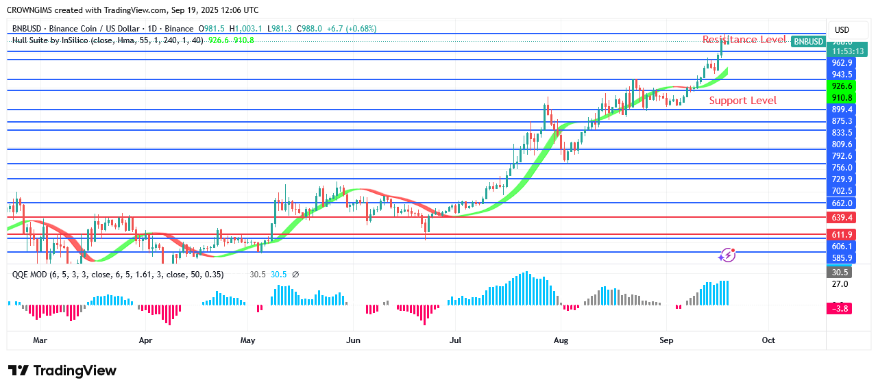 BNB (BNBUSD) Price Is Testing $1000.4