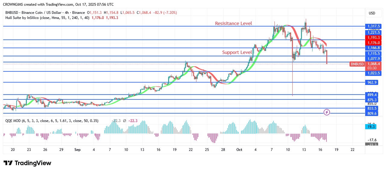 BNB (BNBUSD) Price: Double Top Chart Pattern at 17.0 Line