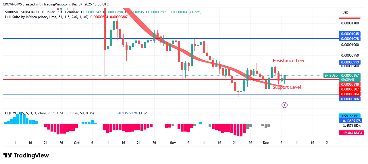 Shiba Inu (SHIB) Price Is Consolidating Within $0.0000091 and $0.0000082 Points