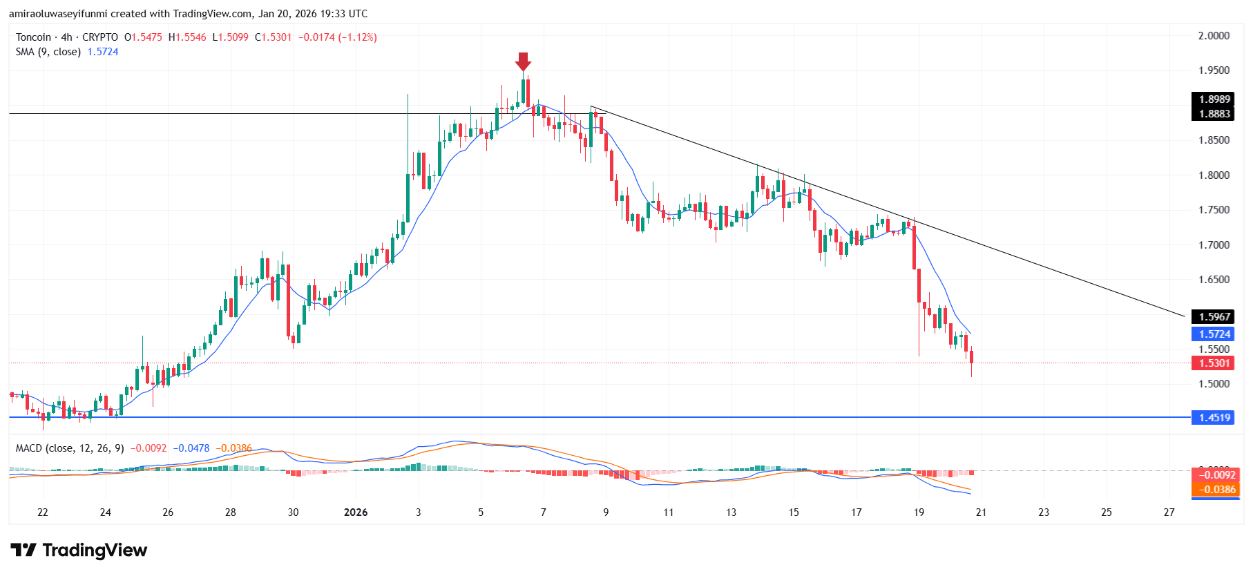 TONUSD Falls Lower After A Liquidity Grab Above .8890
