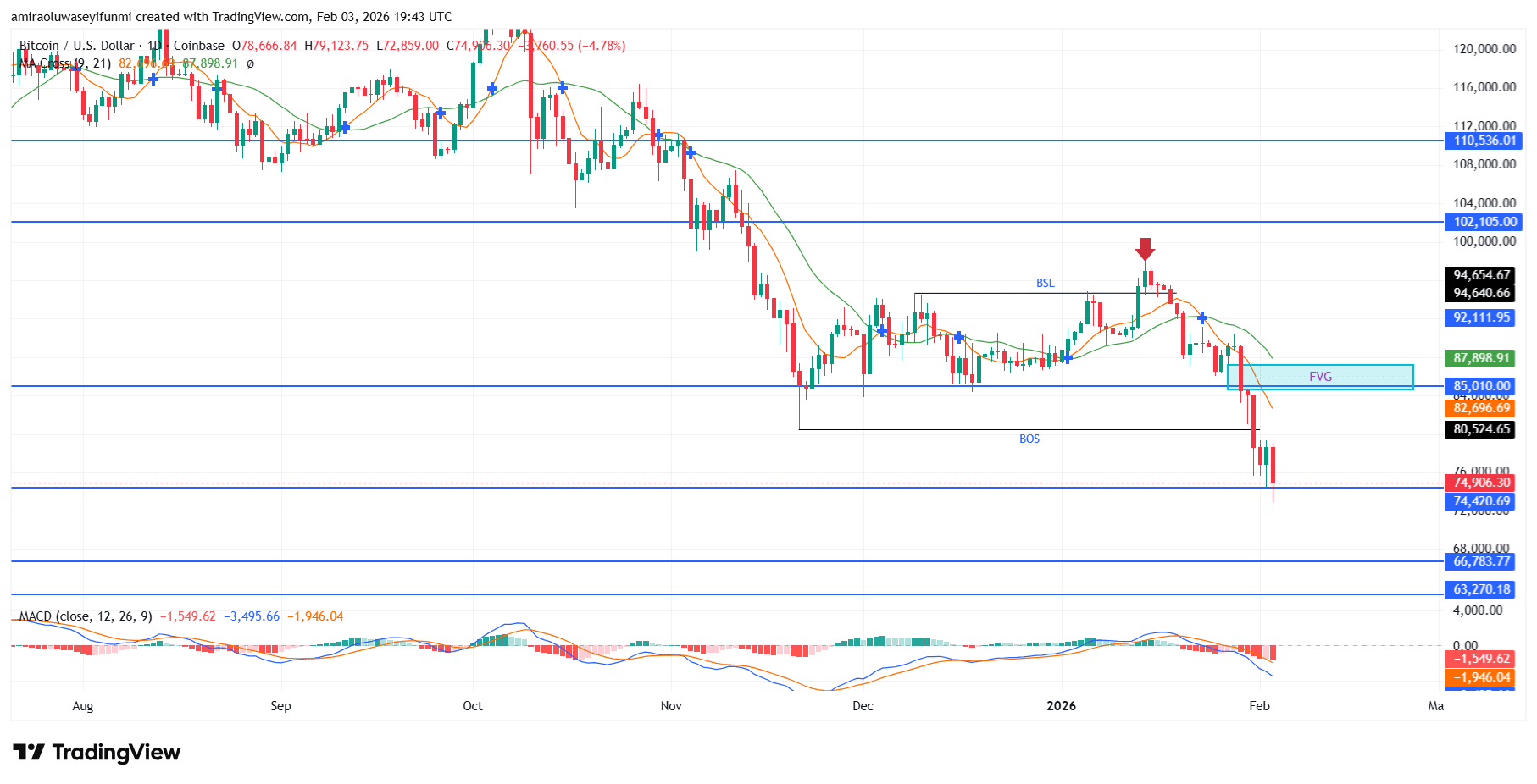 BTCUSD Market Transitions Bearish Following Structural Breakdown And Momentum Deterioration