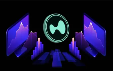 The Hyperliquid coin is in the foreground of an abstract market representation of price actions and indicators.