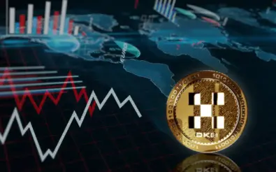 OKX logo in the foreground of world financial illustrative imagery.