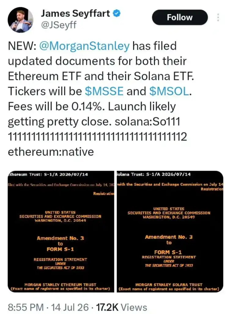 Morgan Stanley's Latest SEC Filing Has Ethereum and Solana Investors Watching Closely