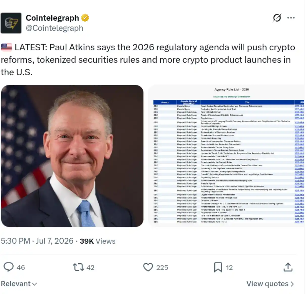 Paul Atkins says crypto regulation is pushing reforms.