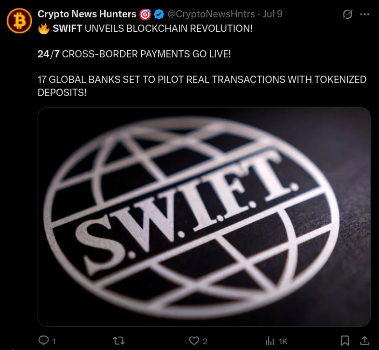 X post reporting Swift pushing for 24/7 banking.