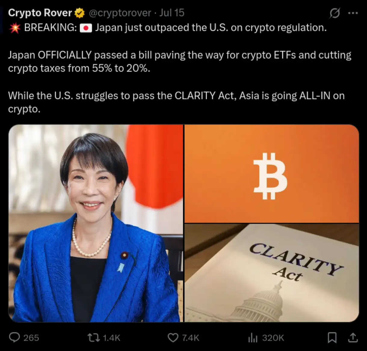 An X post showing how Japan overtook the US in their regulation clarity.