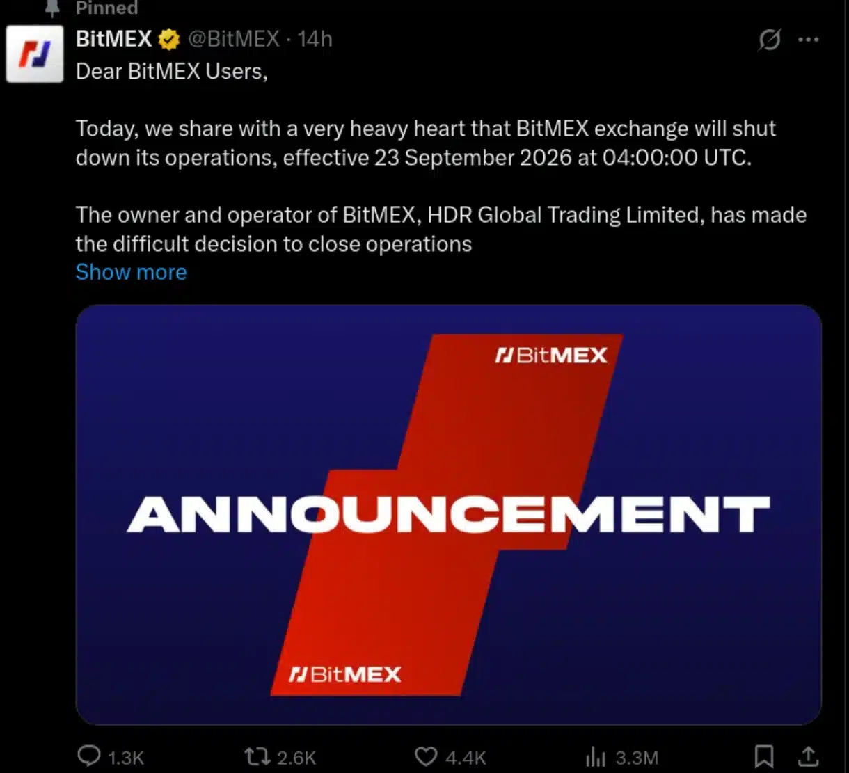 An X post announcing the shutting down of BitMex.