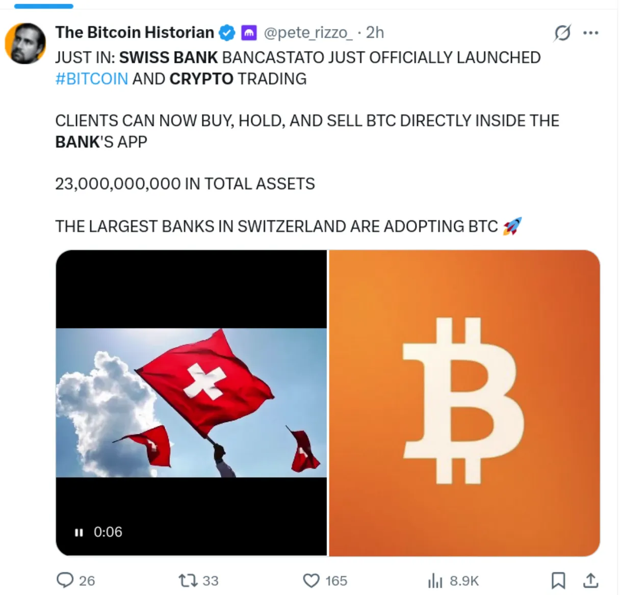 An X post reporting that a Swedish bank has just adopted crypto offerings.