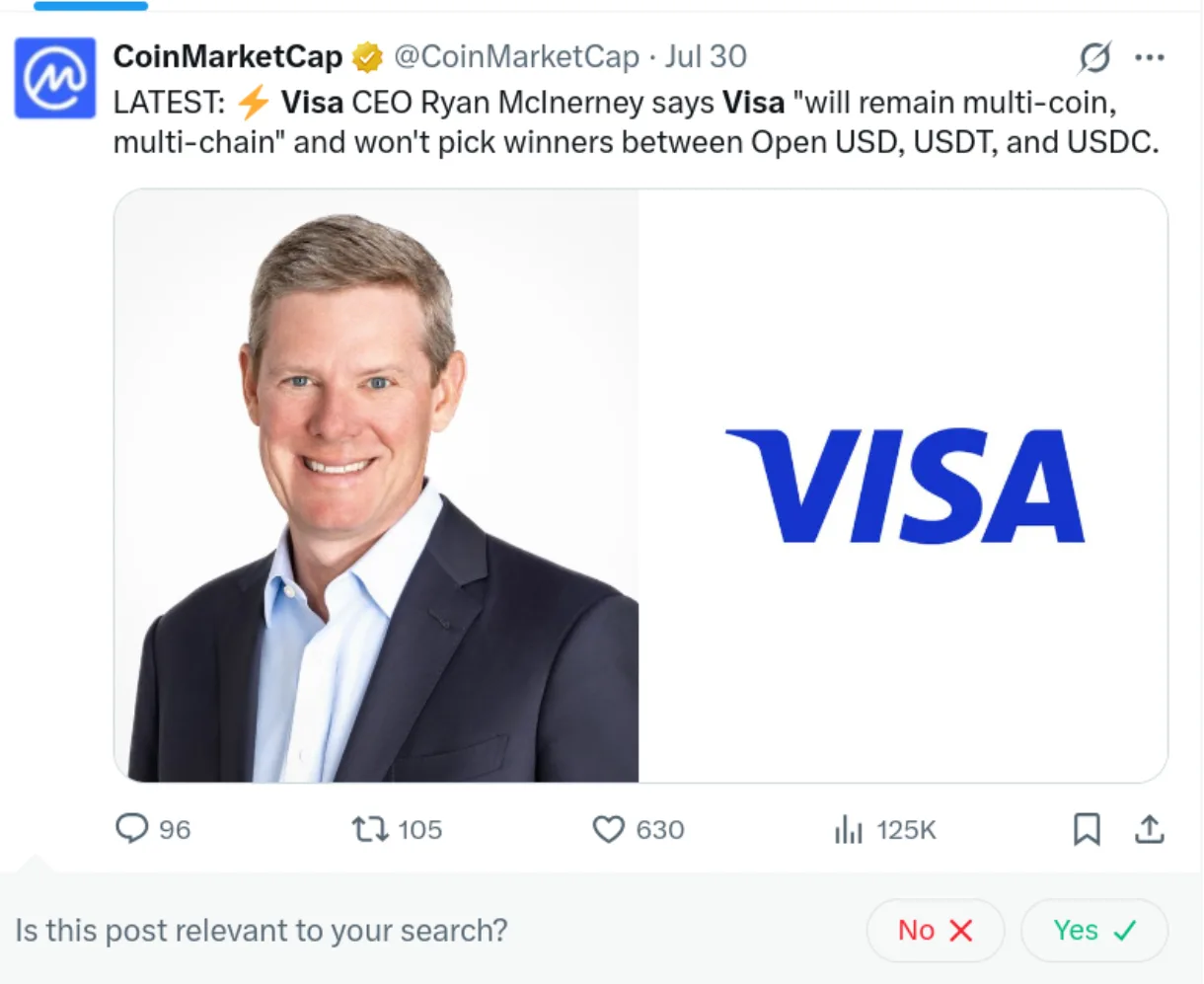 An X post that informs about the development of Visa.