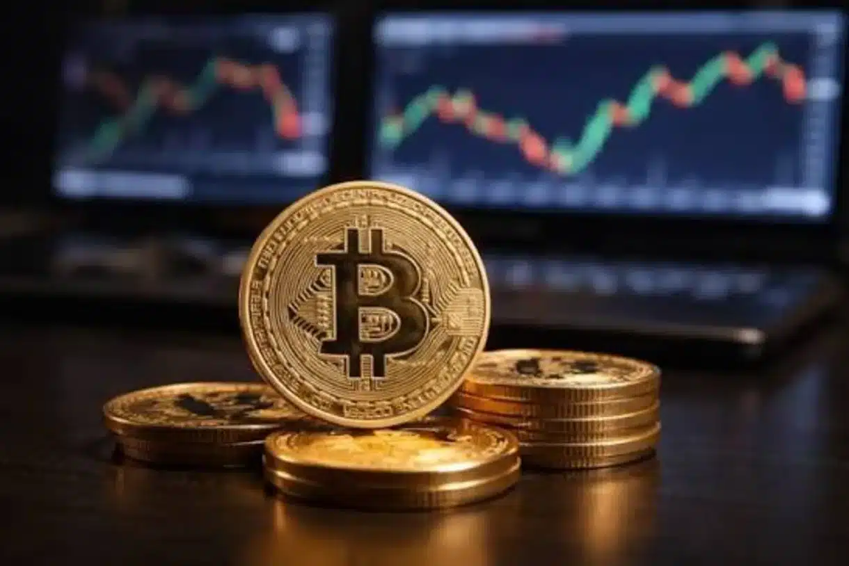Bitcoin at the foreground of a screen showing price action