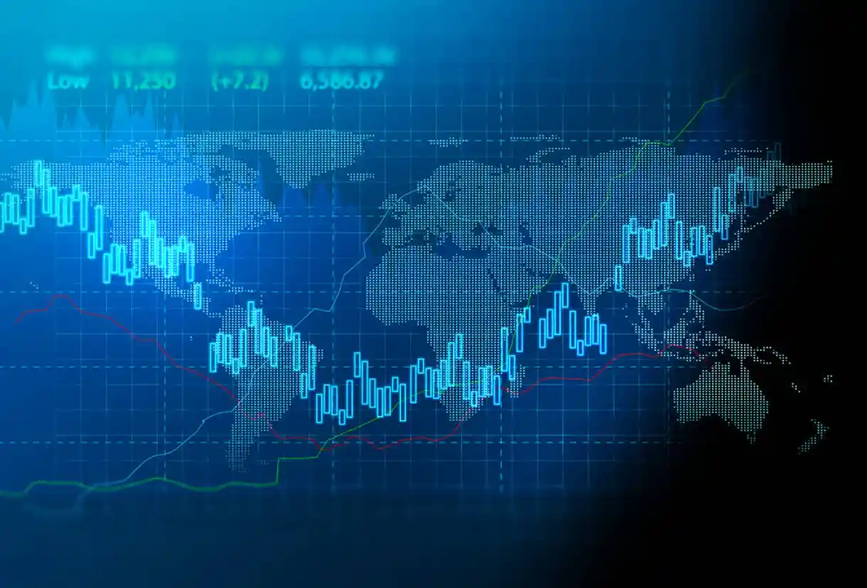 Illustration of price action in the foreground of the world map.