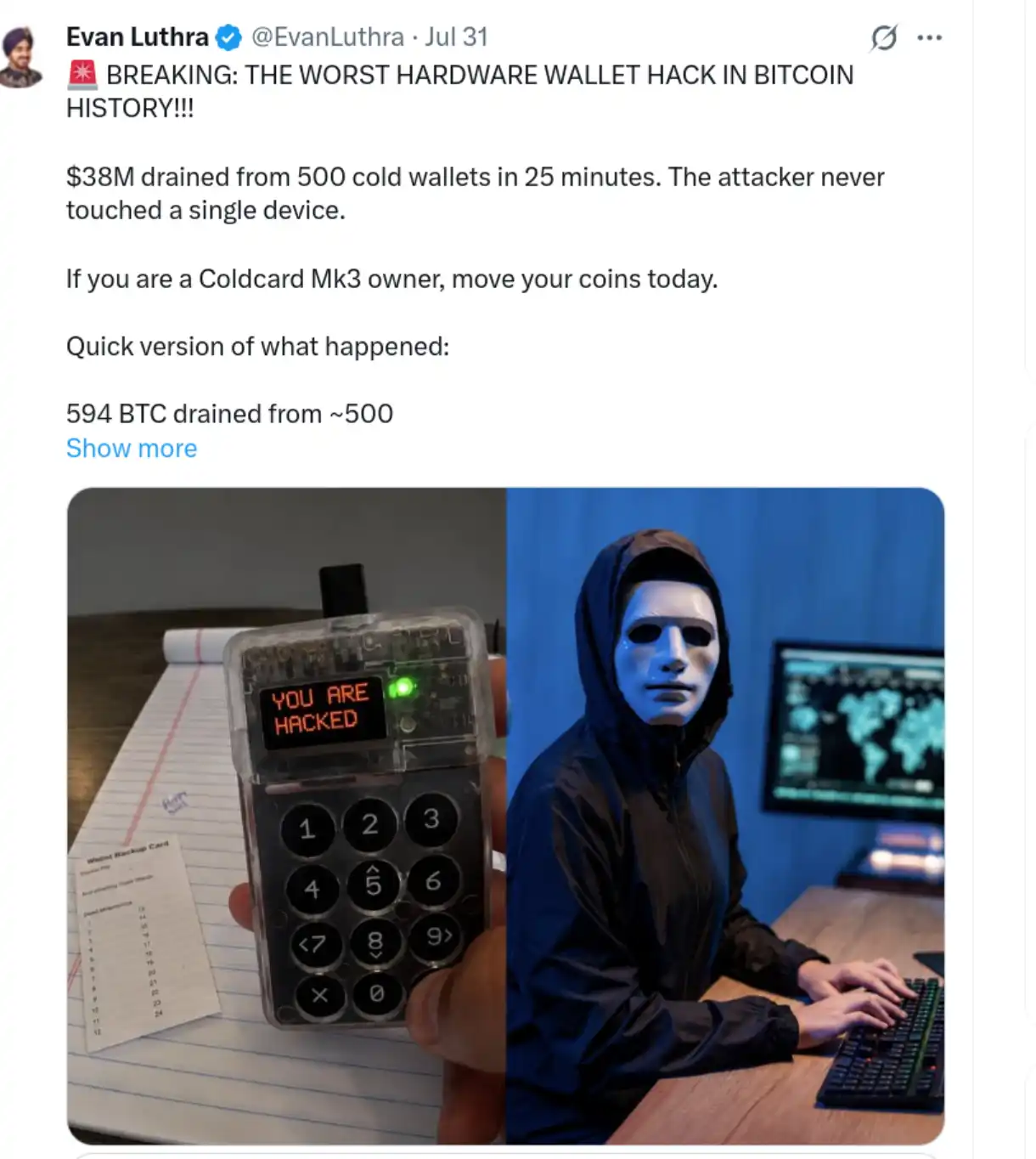 A recent attack on hard wallets.