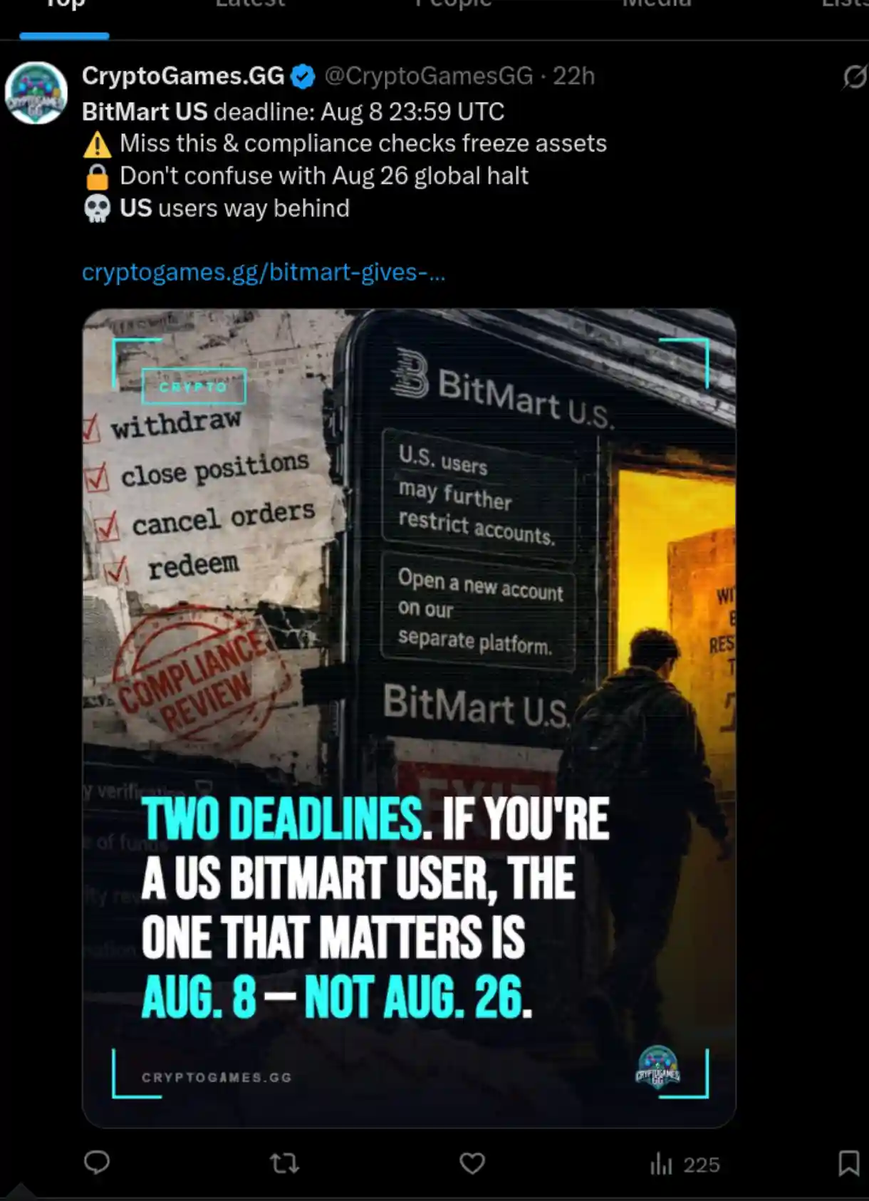 An X post reporting the impending closure of BitMart in the US.